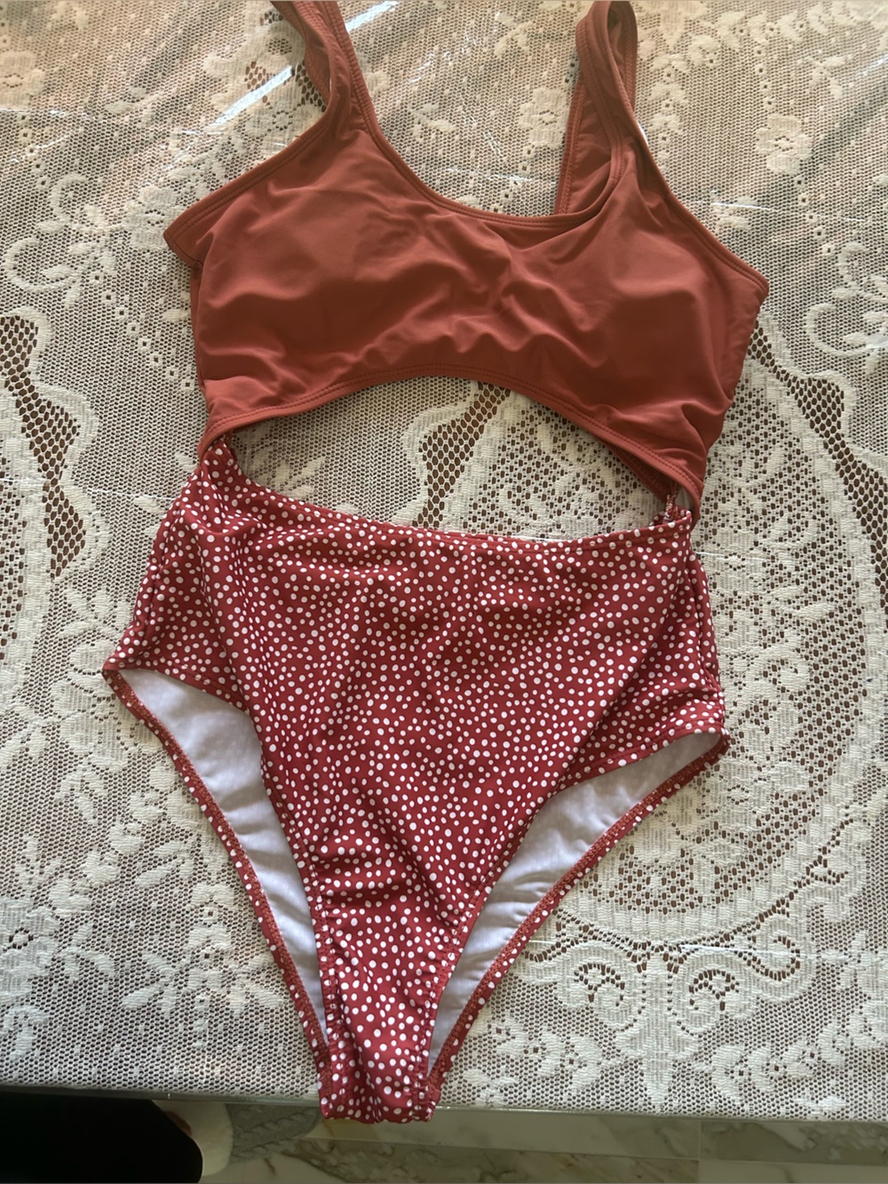 Cupshe Rust Red Polka Dot Cutout One-Piece Swimsuit